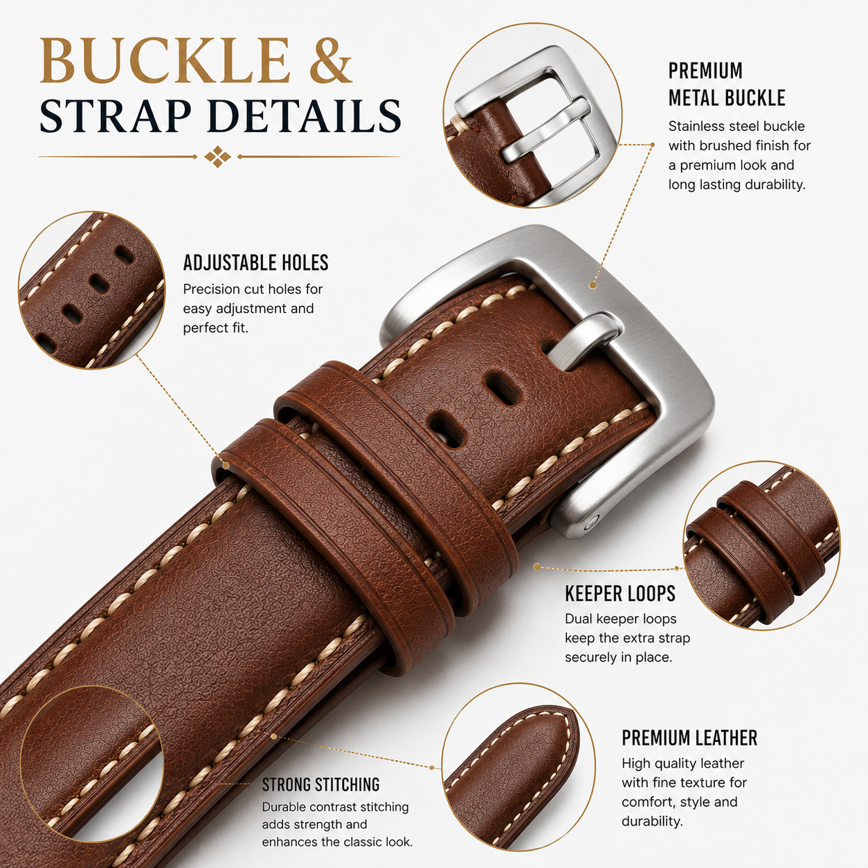 premium leather watch strap buckle stitching details premium leather watch strap buckle stitching details