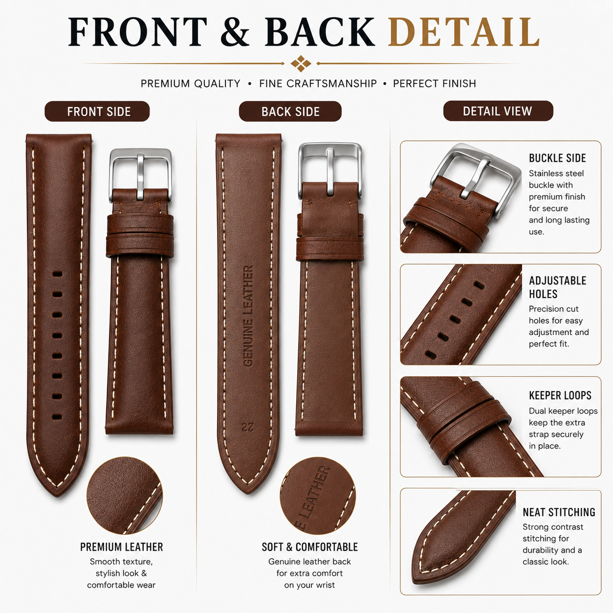 premium leather watch strap front back details premium leather watch strap front back details
