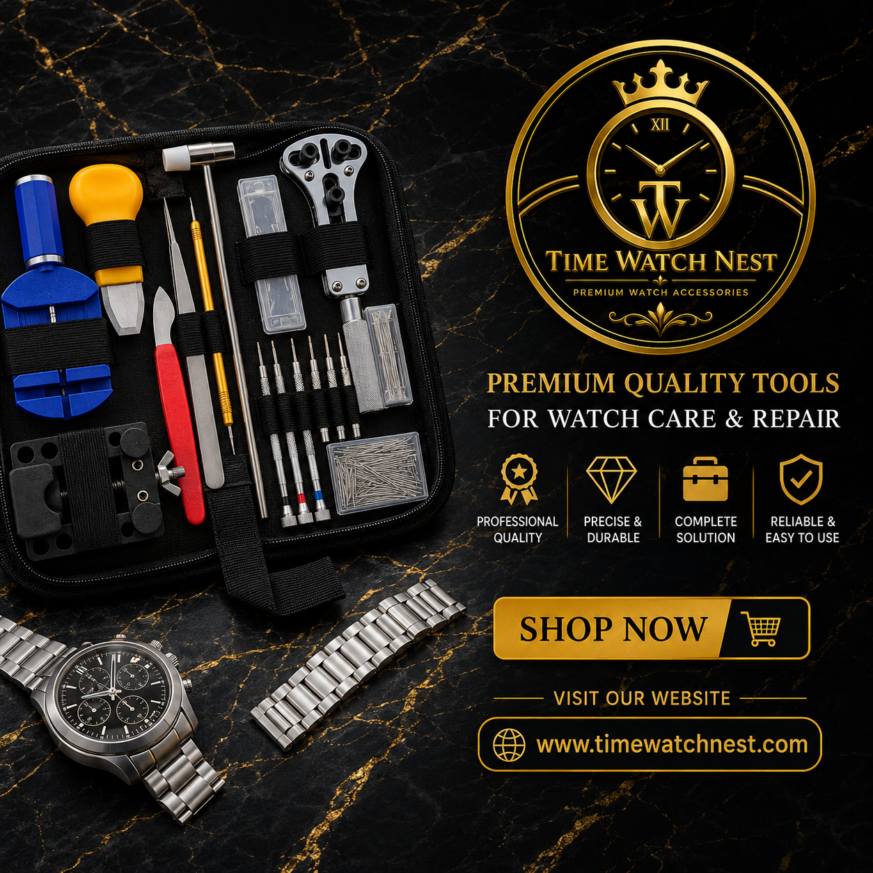 time watch nest watch repair tool kit brand banner Time Watch Nest Premium Watch Repair Tool Kit Brand Banner with Shop Now and Premium Watch Accessories