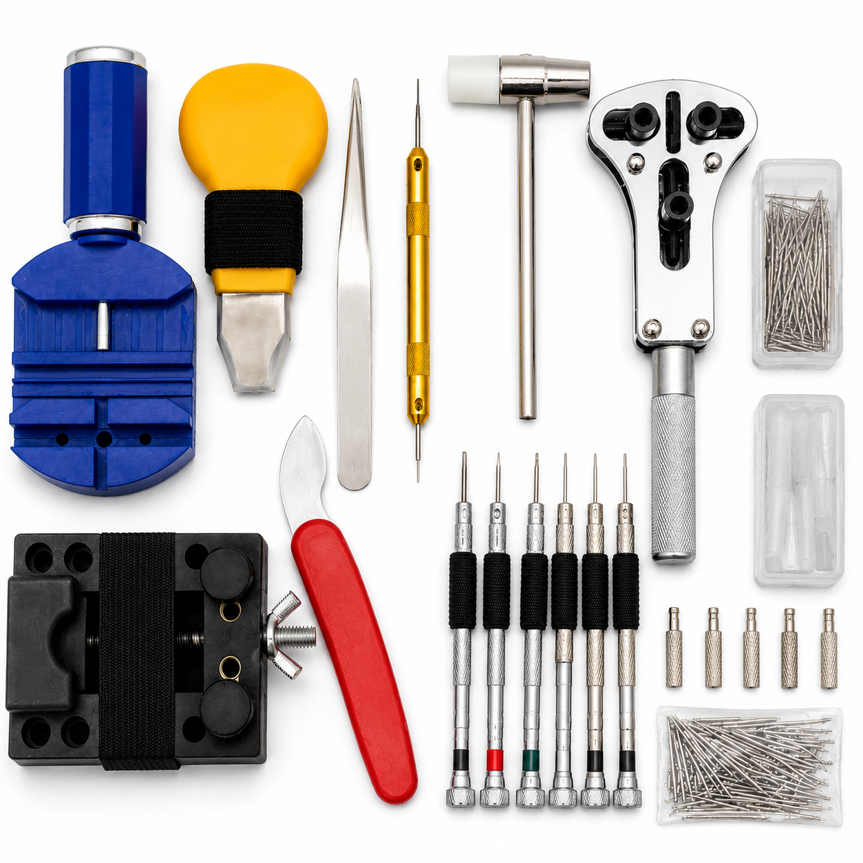 time watch nest watch repair tool kit close up tools Close-Up View of Watch Repair Tool Kit Showing Precision Tools Including Screwdrivers, Tweezers, Case Opener and Hammer