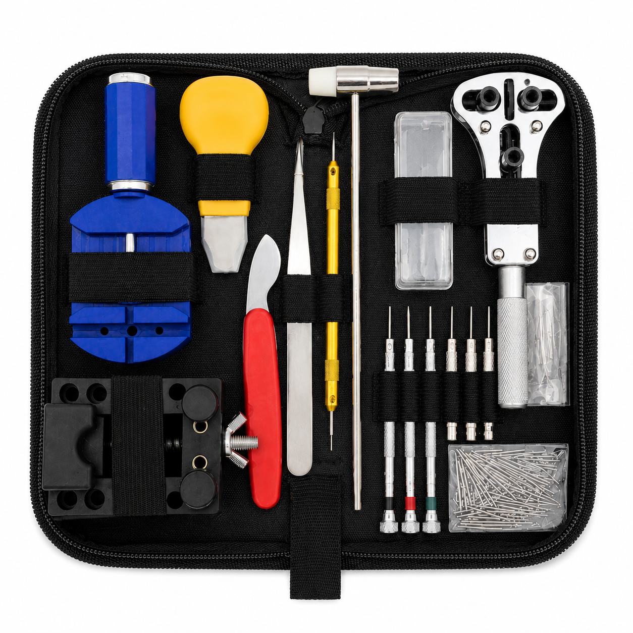 time watch nest watch repair tool kit front view Front View of Professional Watch Repair Tool Kit with Portable Carry Case by Time Watch Nest