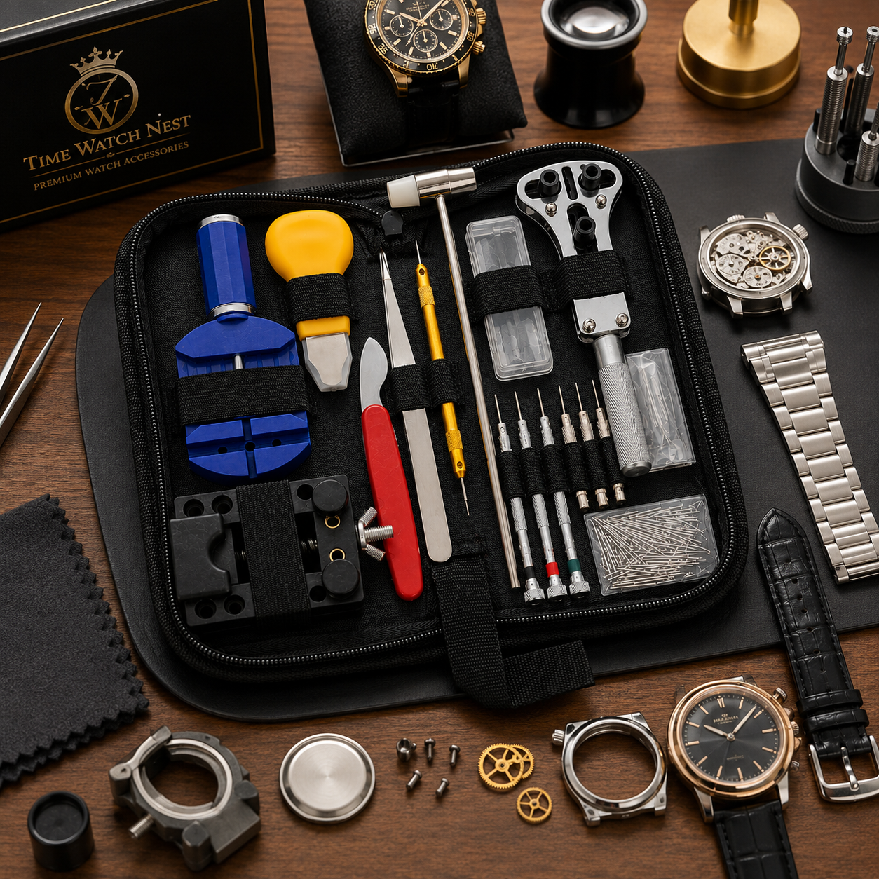 time watch nest watch repair tool kit lifestyle Professional Watch Repair Tool Kit Displayed on Luxury Watchmaker Workbench with Watch Accessories
