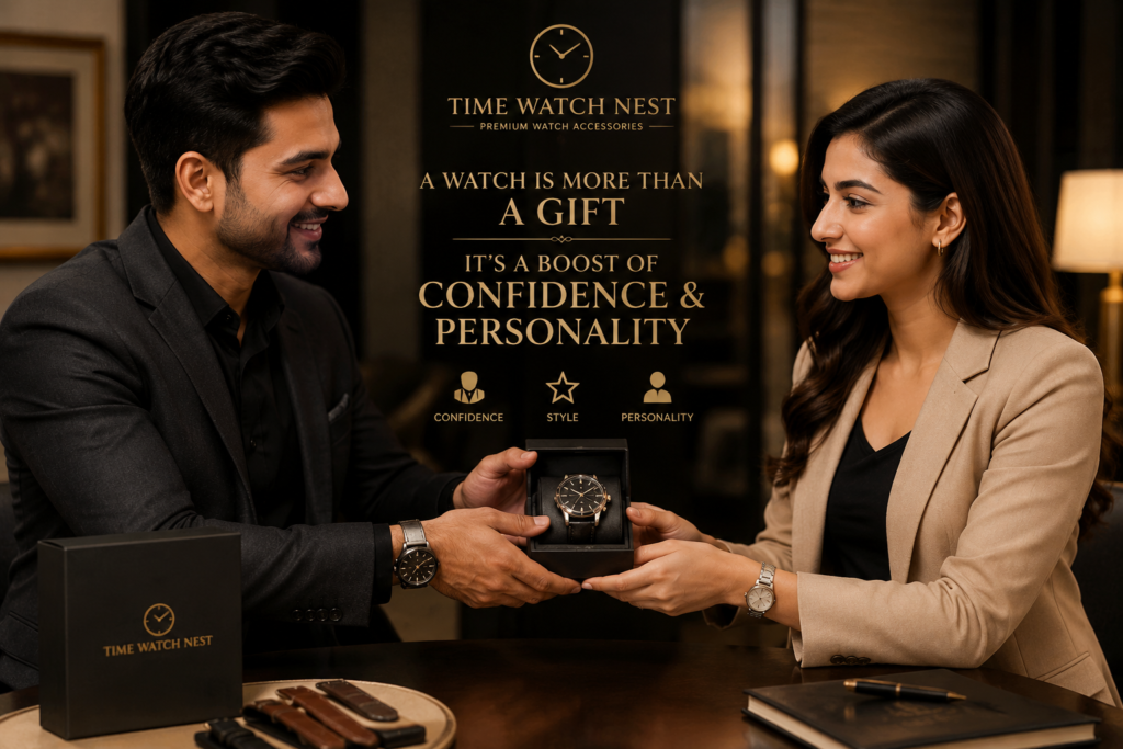 A professionally dressed man and woman wearing premium wristwatches, demonstrating how a stylish watch enhances personality, confidence, and modern lifestyle.