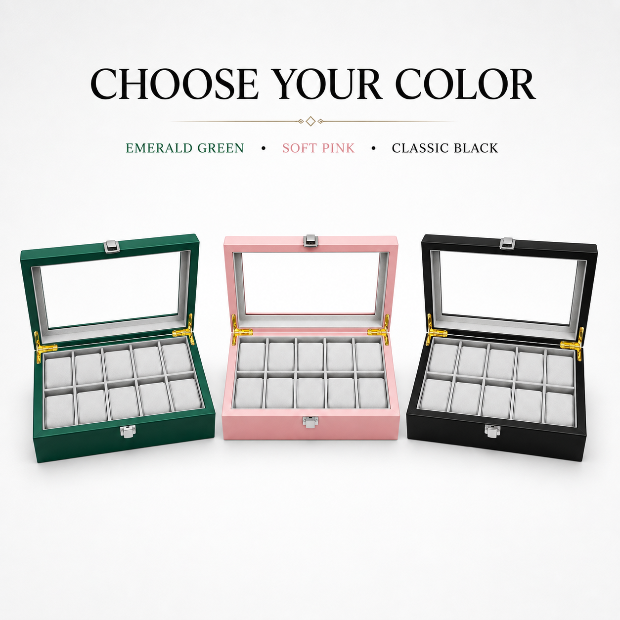 12 slot watch box color collection green pink black.png 12-slot watch display box color variants