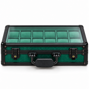 Premium 12-slot watch storage and display case with green individual cushions and transparent lid
